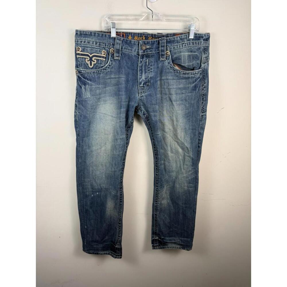 Rock Revival John Straight Jeans Blue Fleur de Lis Pockets 40x33 RRJ8618ST - Picture 2 of 7